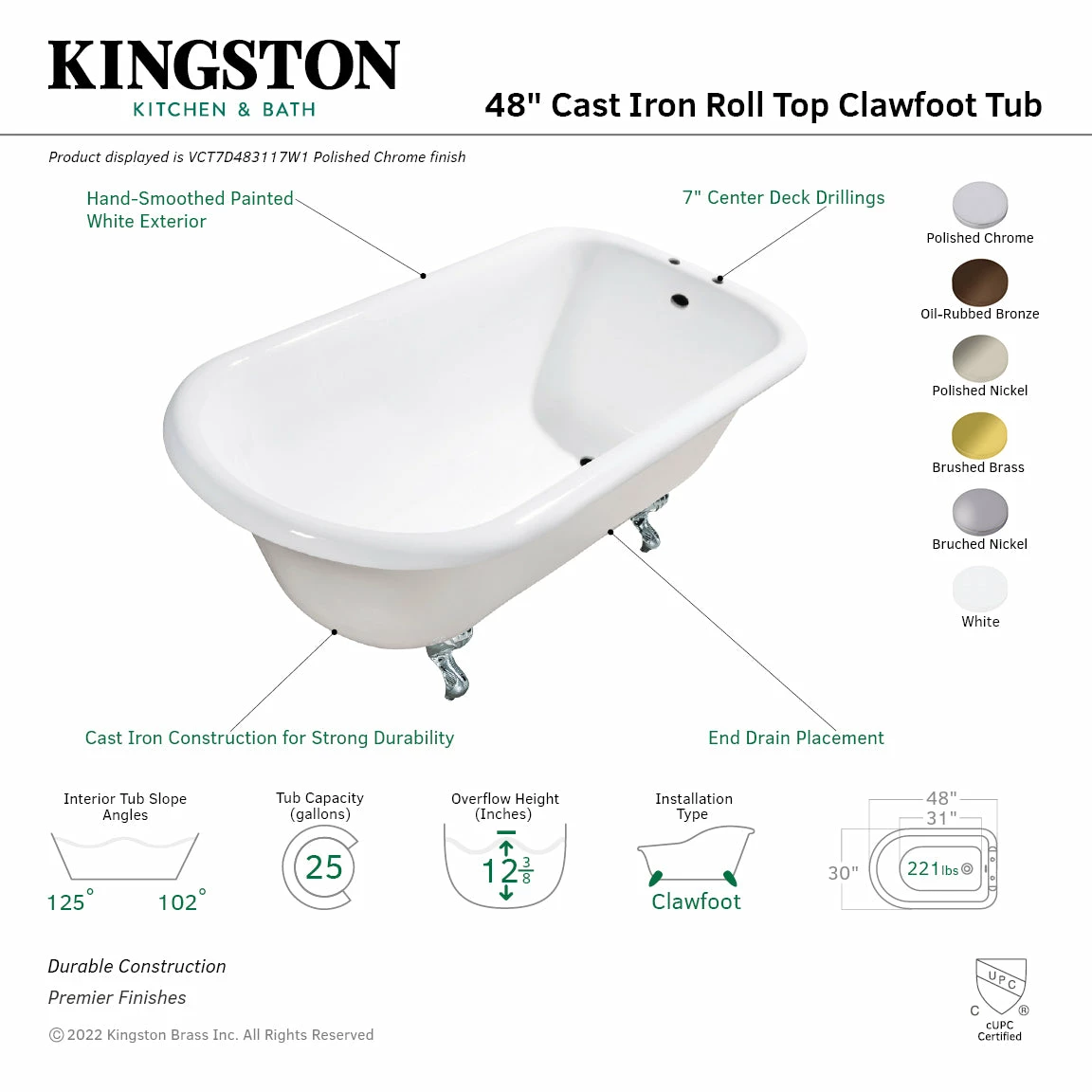 Aqua Eden VCT7D483117W6 48-Inch Cast Iron Roll Top Clawfoot Tub With 7-Inch Faucet Drillings, White/Polished Nickel - Image 3
