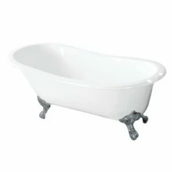 Tazatina VCT7D5431B1 54-Inch Cast Iron Single Slipper Clawfoot Tub With 7-Inch Faucet Drillings, White/Polished Chrome