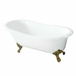Tazatina VCT7D5431B2 54-Inch Cast Iron Single Slipper Clawfoot Tub With 7-Inch Faucet Drillings, White/Polished Brass