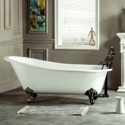 Tazatina VCT7D5431B5 54-Inch Cast Iron Single Slipper Clawfoot Tub With 7-Inch Faucet Drillings, White/Oil Rubbed Bronze