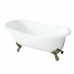 Tazatina VCT7D5431B8 54-Inch Cast Iron Single Slipper Clawfoot Tub With 7-Inch Faucet Drillings, White/Brushed Nickel