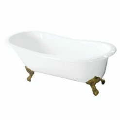 Tazatina VCT7D5731B2 57-Inch Cast Iron Single Slipper Clawfoot Tub With 7-Inch Faucet Drillings, White/Polished Brass