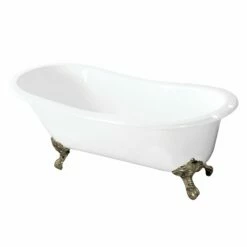 Tazatina VCT7D5731B8 57-Inch Cast Iron Single Slipper Clawfoot Tub With 7-Inch Faucet Drillings, White/Brushed Nickel