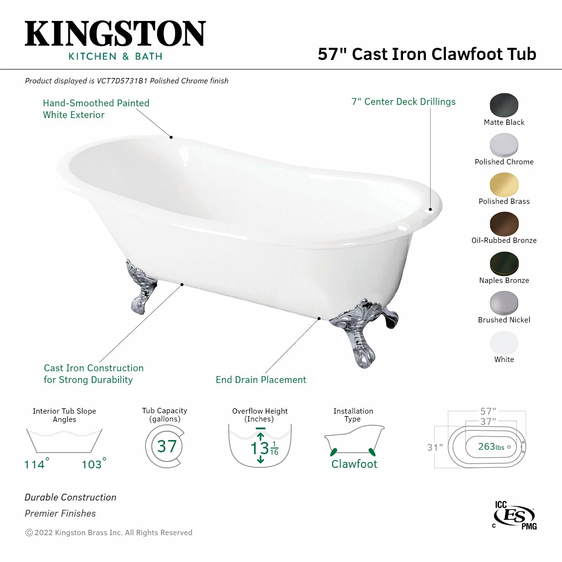 Tazatina VCT7D5731B8 57-Inch Cast Iron Single Slipper Clawfoot Tub With 7-Inch Faucet Drillings, White/Brushed Nickel - Image 3
