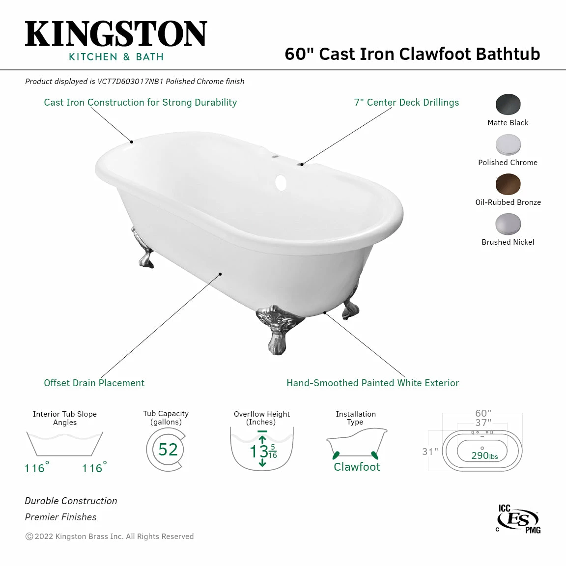 Aqua Eden VCT7D603017NB1 60-Inch Cast Iron Double Ended Clawfoot Tub With 7-Inch Faucet Drillings, White/Polished Chrome - Image 6