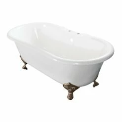 Aqua Eden VCT7D603017NB8 60-Inch Cast Iron Double Ended Clawfoot Tub With 7-Inch Faucet Drillings, White/Brushed Nickel
