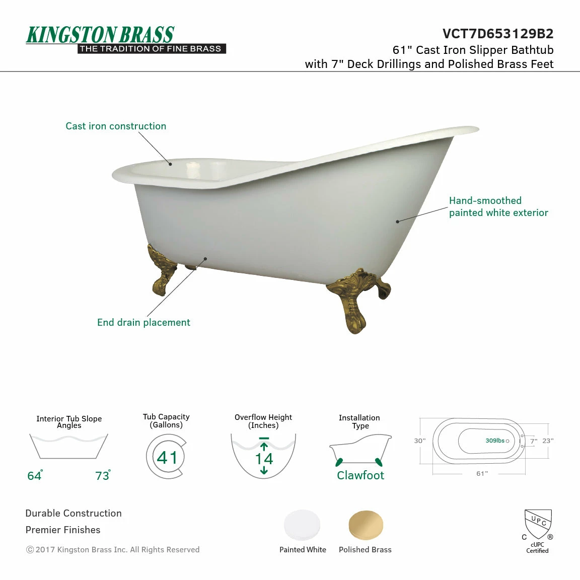 Aqua Eden VCT7D653129B2 61-Inch Cast Iron Single Slipper Clawfoot Tub With 7-Inch Faucet Drillings, White/Polished Brass - Image 4