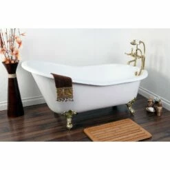 Aqua Eden VCT7D653129B2 61-Inch Cast Iron Single Slipper Clawfoot Tub With 7-Inch Faucet Drillings, White/Polished Brass