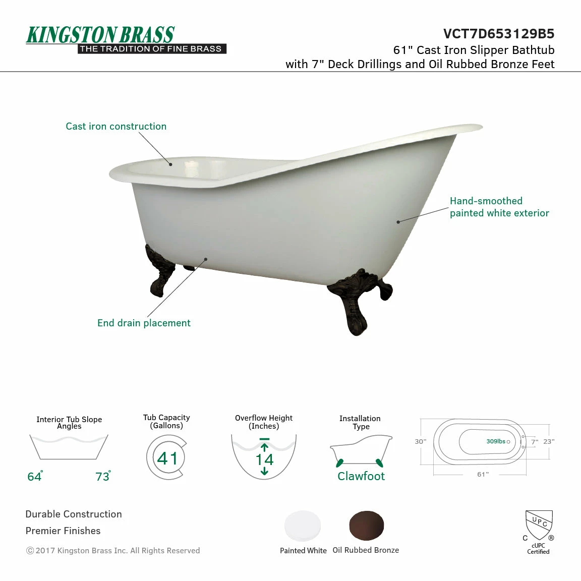 Aqua Eden VCT7D653129B5 61-Inch Cast Iron Single Slipper Clawfoot Tub With 7-Inch Faucet Drillings, White/Oil Rubbed Bronze - Image 4