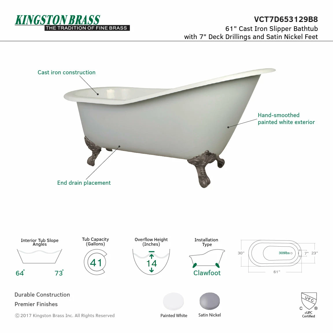 Aqua Eden VCT7D653129B8 61-Inch Cast Iron Single Slipper Clawfoot Tub With 7-Inch Faucet Drillings, White/Brushed Nickel - Image 4