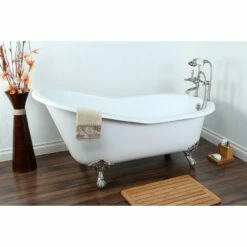 Aqua Eden VCT7D653129B8 61-Inch Cast Iron Single Slipper Clawfoot Tub With 7-Inch Faucet Drillings, White/Brushed Nickel
