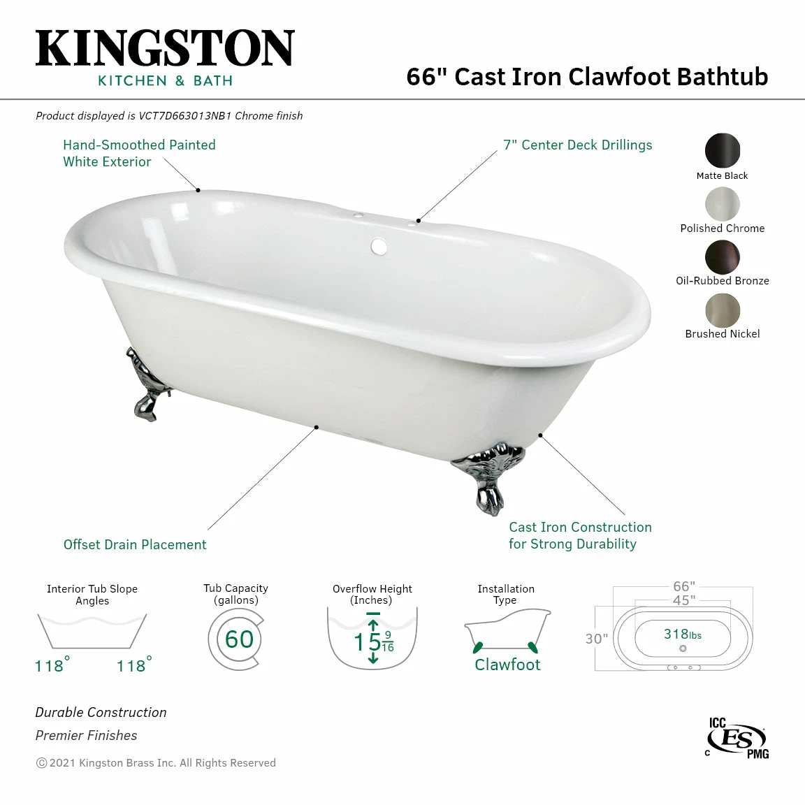 Aqua Eden VCT7D663013NB0 66-Inch Cast Iron Double Ended Clawfoot Tub With 7-Inch Faucet Drillings, White/Matte Black - Image 4