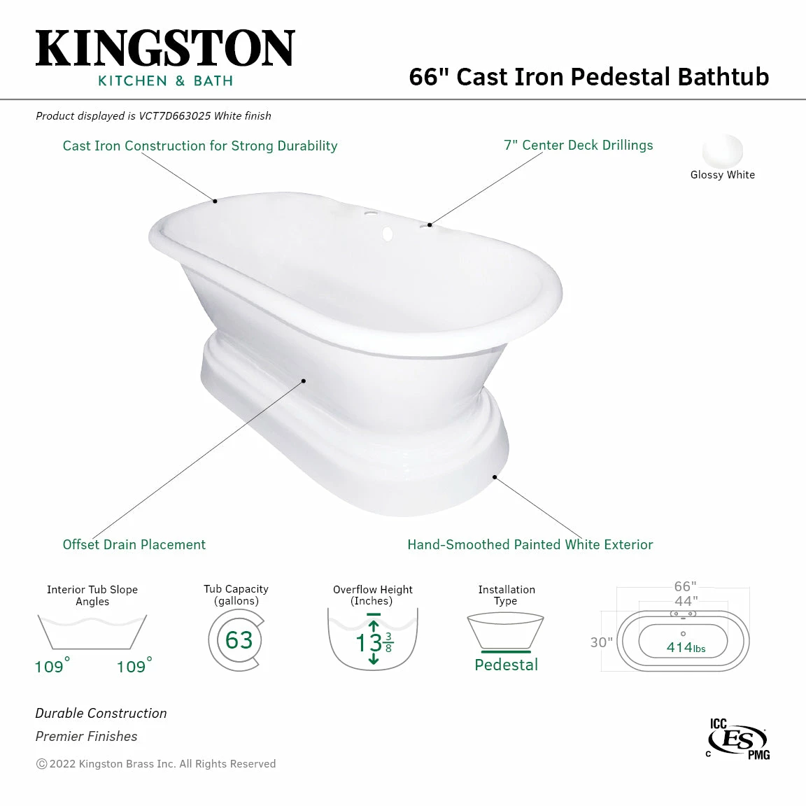 Aqua Eden VCT7D663025 66-Inch Cast Iron Double Ended Pedestal Tub With 7-Inch Faucet Drillings, White - Image 6