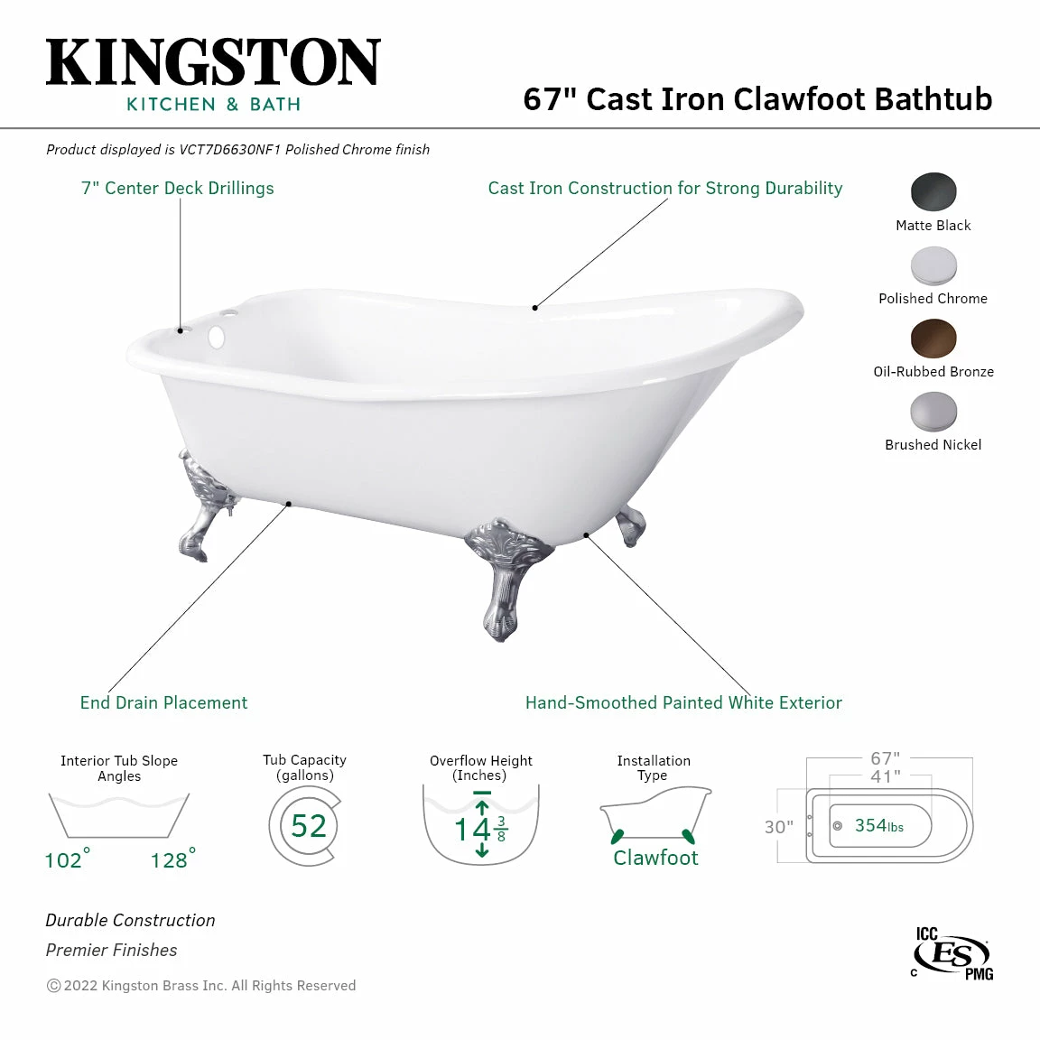 Aqua Eden VCT7D6630NF1 67-Inch Cast Iron Single Slipper Clawfoot Tub With 7-Inch Faucet Drillings, White/Polished Chrome - Image 6