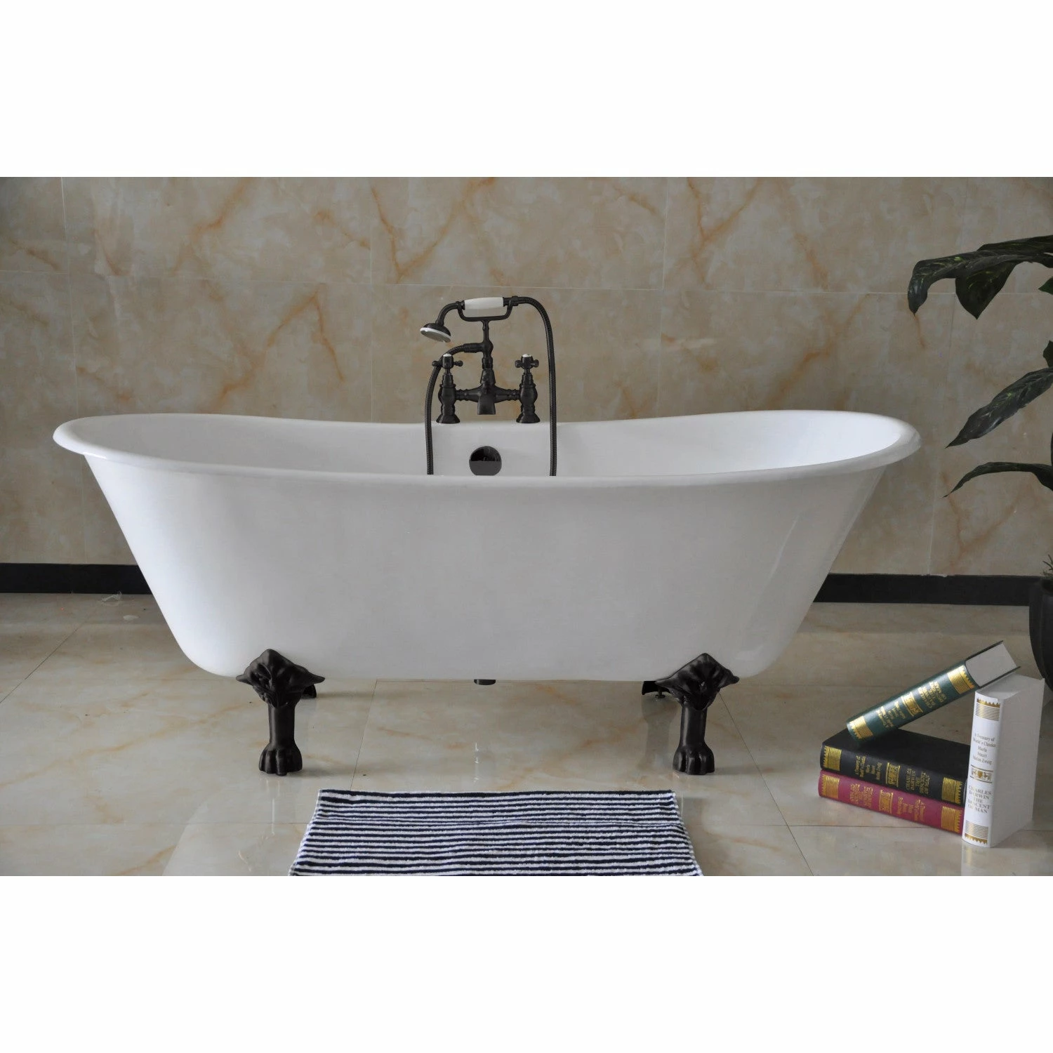 Aqua Eden VCT7D6728NH0 67-Inch Cast Iron Double Slipper Clawfoot Tub With 7-Inch Faucet Drillings, White/Matte Black