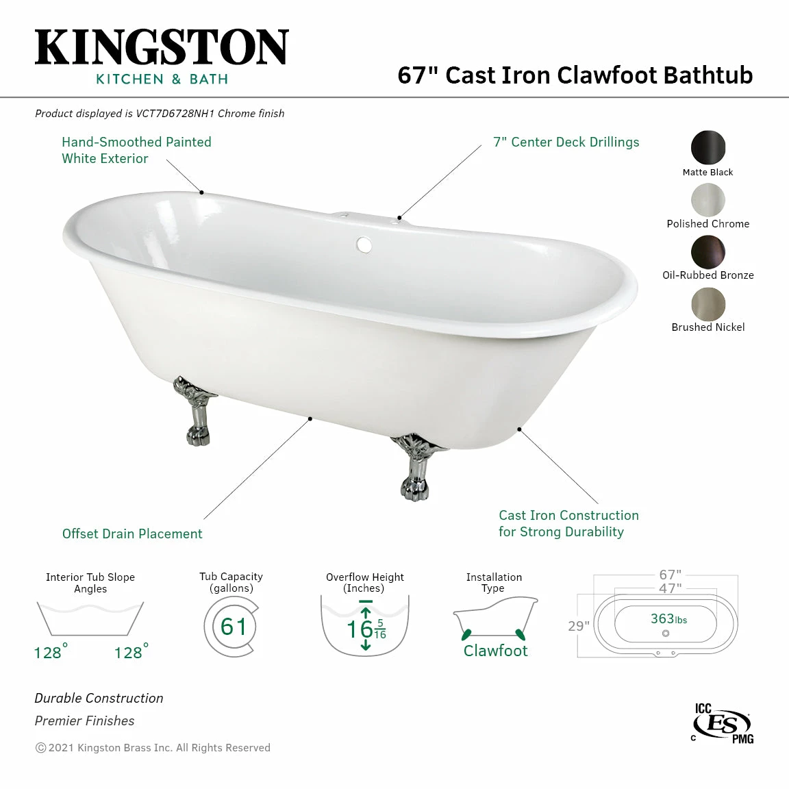 Aqua Eden VCT7D6728NH5 67-Inch Cast Iron Double Slipper Clawfoot Tub With 7-Inch Faucet Drillings, White/Oil Rubbed Bronze - Image 5