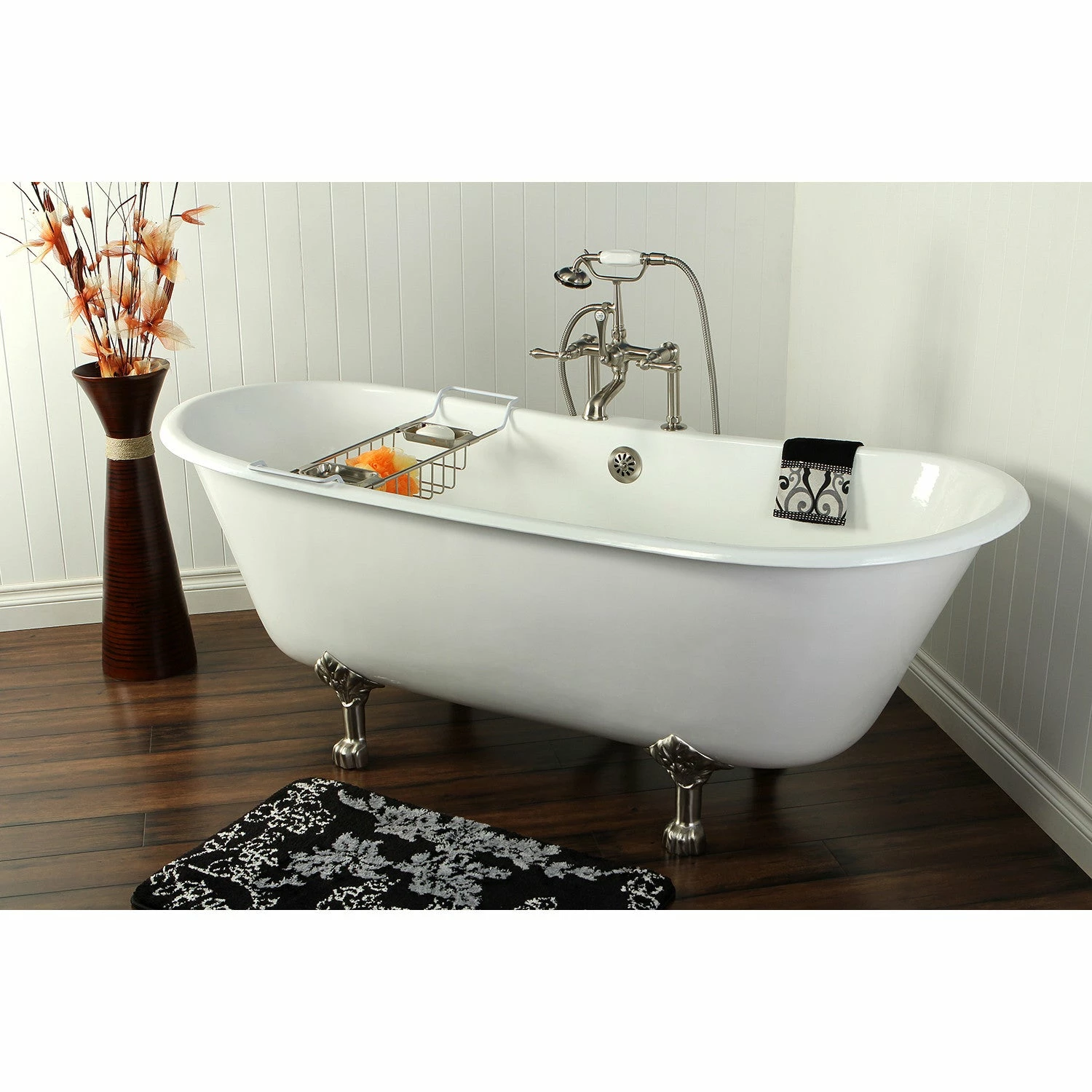 Aqua Eden VCT7D6728NH8 67-Inch Cast Iron Double Slipper Clawfoot Tub With 7-Inch Faucet Drillings, White/Brushed Nickel