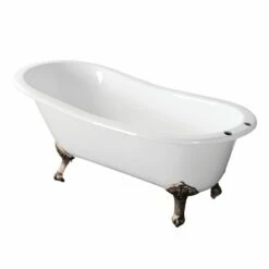 Aqua Eden VCT7D673122ZB8 67-Inch Cast Iron Single Slipper Clawfoot Tub With 7-Inch Faucet Drillings, White/Brushed Nickel