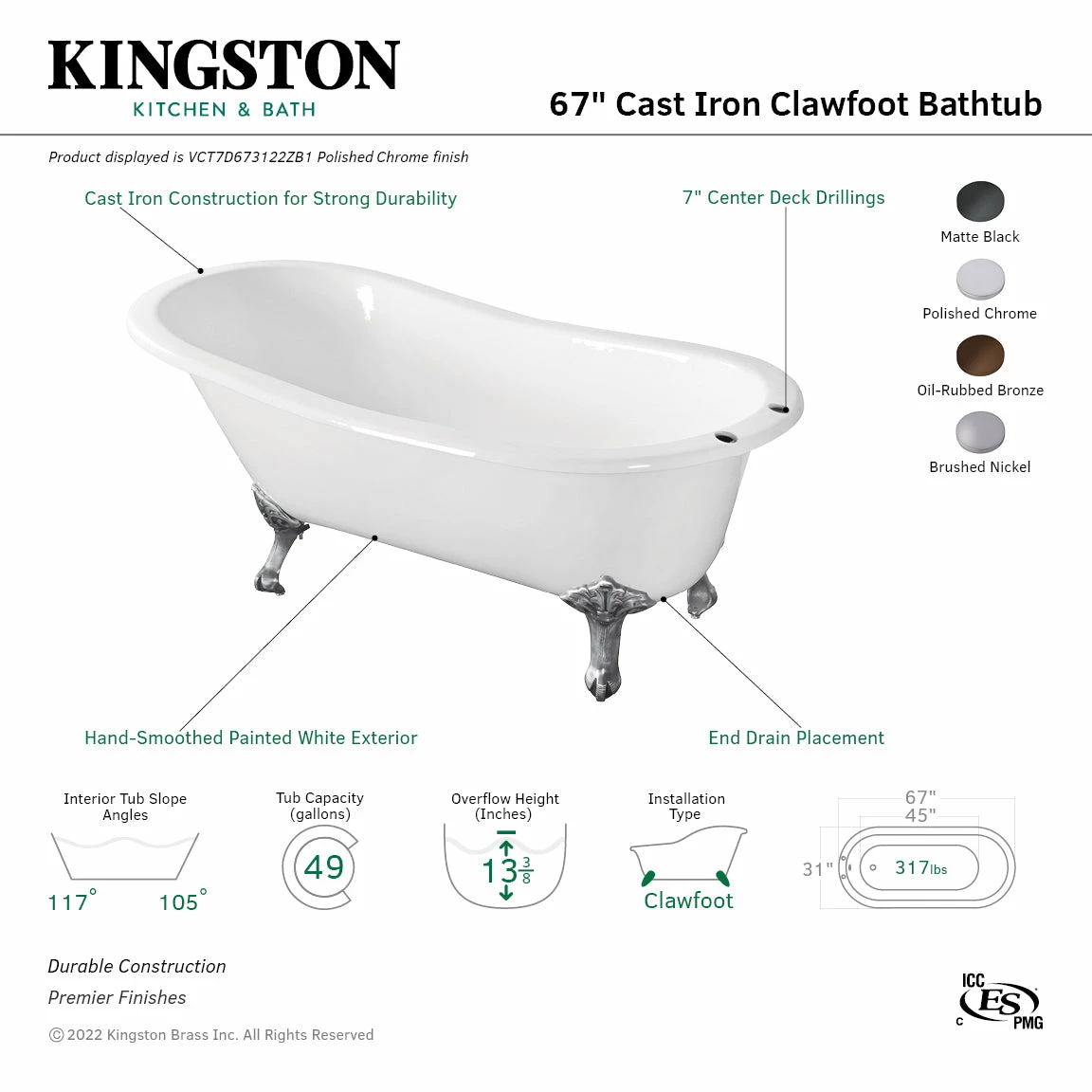 Aqua Eden VCT7D673122ZB8 67-Inch Cast Iron Single Slipper Clawfoot Tub With 7-Inch Faucet Drillings, White/Brushed Nickel - Image 3