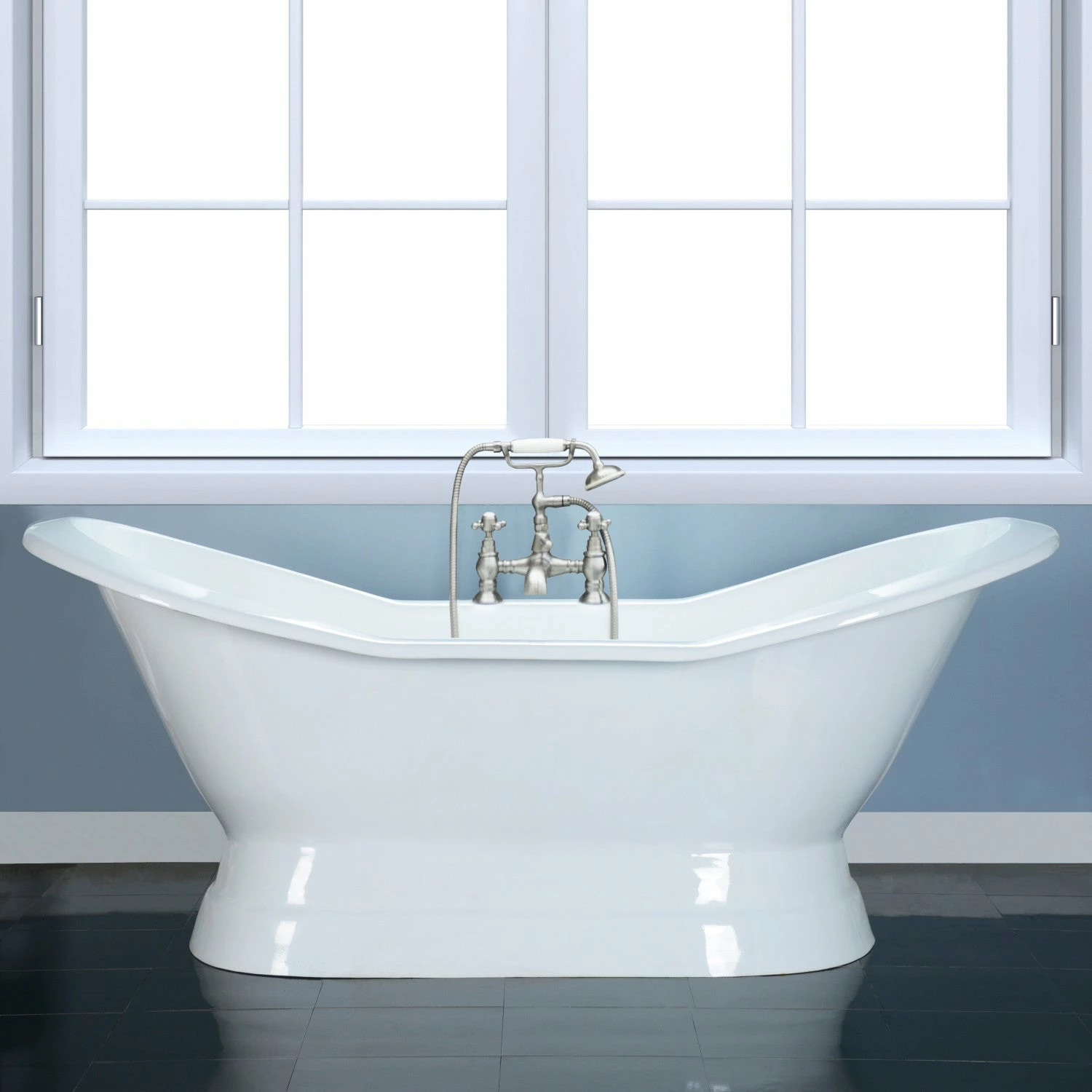 Aqua Eden VCT7D723130 72-Inch Cast Iron Double Slipper Pedestal Tub With 7-Inch Faucet Drillings, White