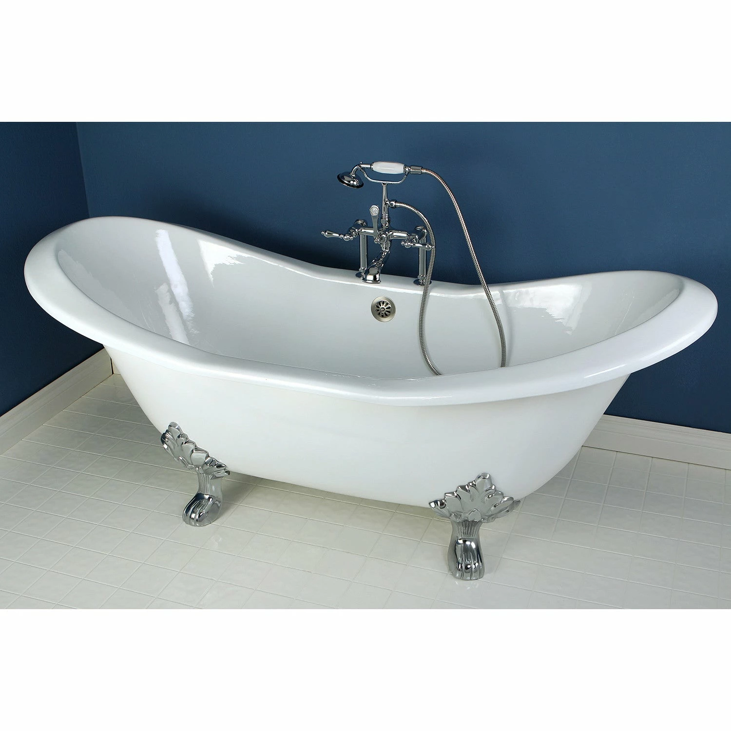 Aqua Eden VCT7D7231NC1 72-Inch Cast Iron Double Slipper Clawfoot Tub With 7-Inch Faucet Drillings, White/Polished Chrome - Image 3