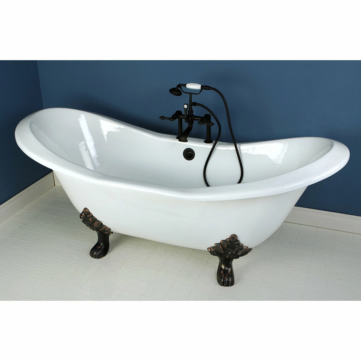 Aqua Eden VCT7D7231NC5 72-Inch Cast Iron Double Slipper Clawfoot Tub With 7-Inch Faucet Drillings, White/Oil Rubbed Bronze - Image 3