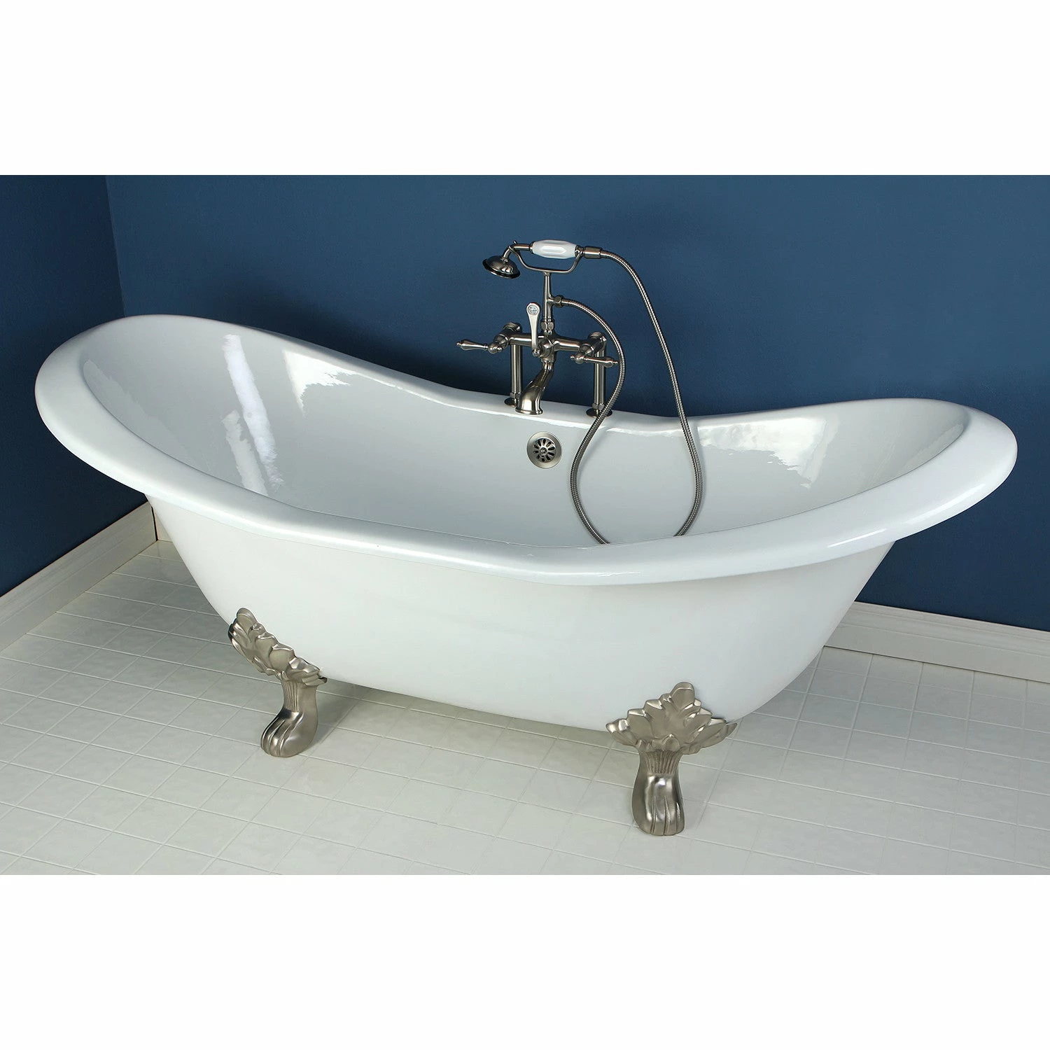 Aqua Eden VCT7D7231NC8 72-Inch Cast Iron Double Slipper Clawfoot Tub With 7-Inch Faucet Drillings, White/Brushed Nickel
