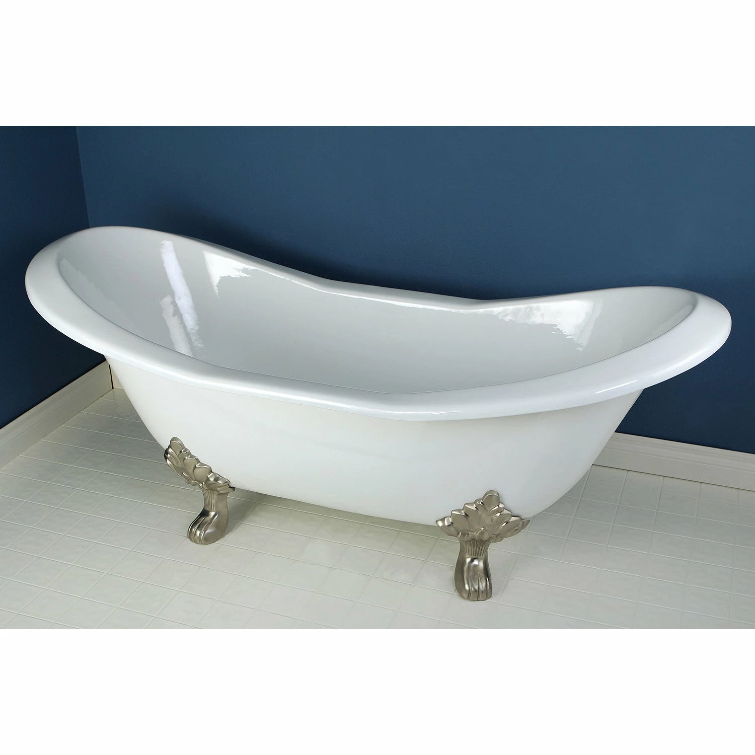 Aqua Eden VCT7D7231NC8 72-Inch Cast Iron Double Slipper Clawfoot Tub With 7-Inch Faucet Drillings, White/Brushed Nickel - Image 2
