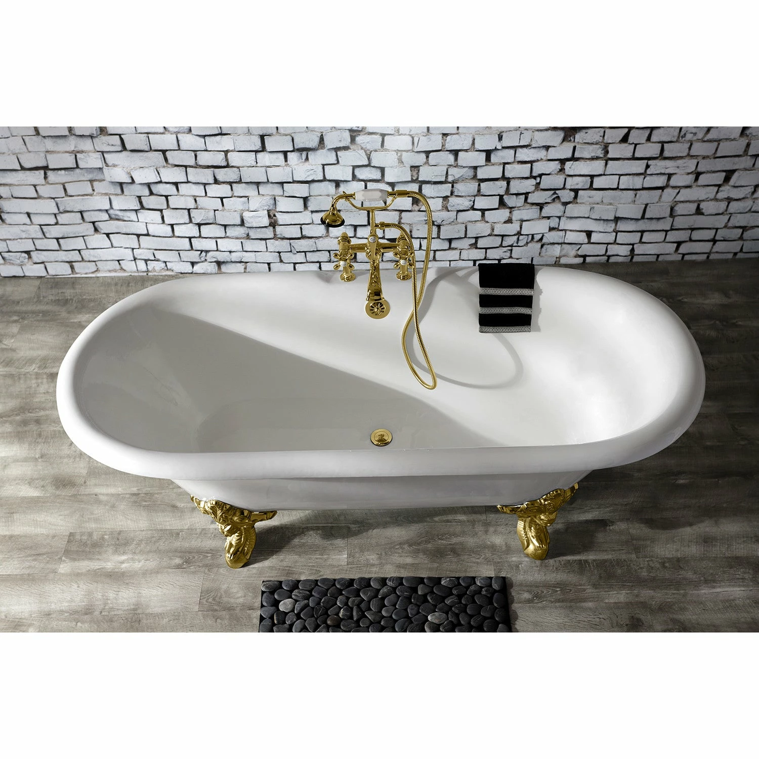 Aqua Eden VCT7DE7232NL2 72-Inch Cast Iron Double Ended Clawfoot Tub With 7-Inch Faucet Drillings, White/Polished Brass