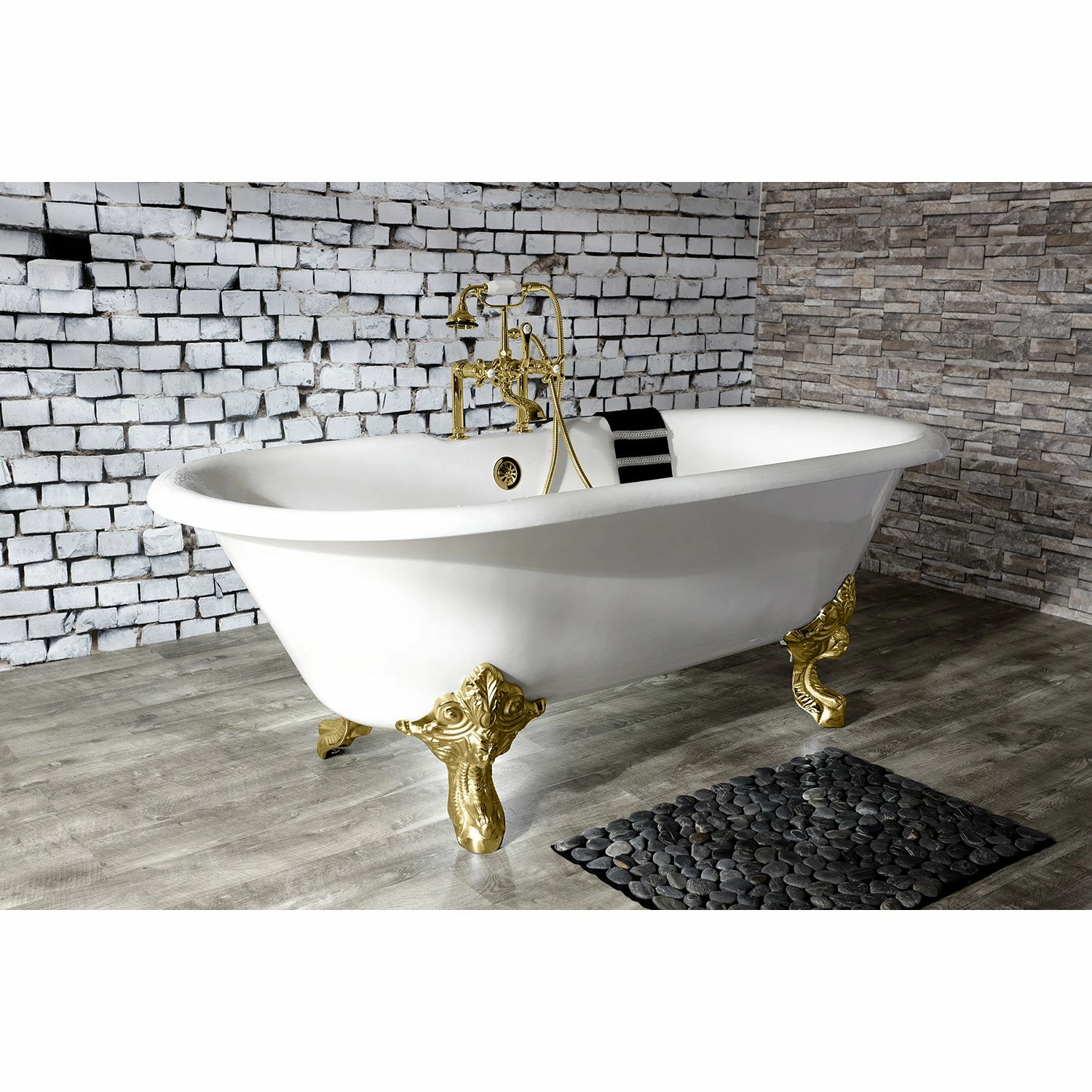 Aqua Eden VCT7DE7232NL2 72-Inch Cast Iron Double Ended Clawfoot Tub With 7-Inch Faucet Drillings, White/Polished Brass - Image 4