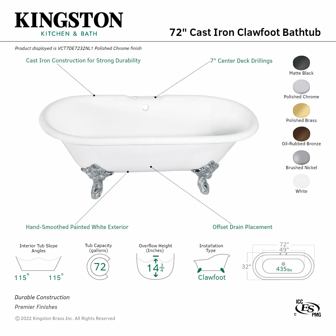 Aqua Eden VCT7DE7232NL5 72-Inch Cast Iron Double Ended Clawfoot Tub With 7-Inch Faucet Drillings, White/Oil Rubbed Bronze - Image 8