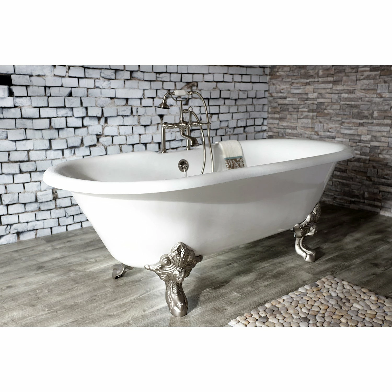 Aqua Eden VCT7DE7232NL8 72-Inch Cast Iron Double Ended Clawfoot Tub With 7-Inch Faucet Drillings, White/Brushed Nickel