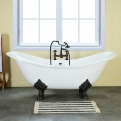 Aqua Eden VCT7DS6130NC0 61-Inch Cast Iron Double Slipper Clawfoot Tub With 7-Inch Faucet Drillings, White/Matte Black