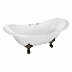 Aqua Eden VCT7DS6130NC5 61-Inch Cast Iron Double Slipper Clawfoot Tub With 7-Inch Faucet Drillings, White/Oil Rubbed Bronze