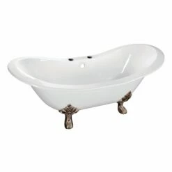 Aqua Eden VCT7DS6130NC8 61-Inch Cast Iron Double Slipper Clawfoot Tub With 7-Inch Faucet Drillings, White/Brushed Nickel