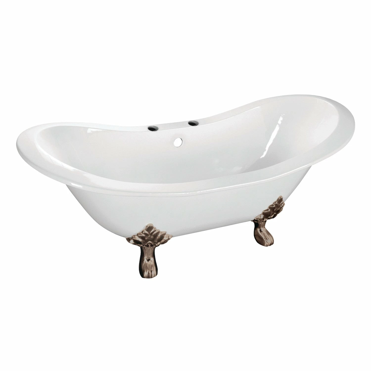 Aqua Eden VCT7DS6130NC8 61-Inch Cast Iron Double Slipper Clawfoot Tub With 7-Inch Faucet Drillings, White/Brushed Nickel