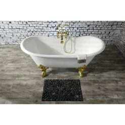Aqua Eden VCT7DS6731NL2 67-Inch Cast Iron Double Slipper Clawfoot Tub With 7-Inch Faucet Drillings, White/Polished Brass