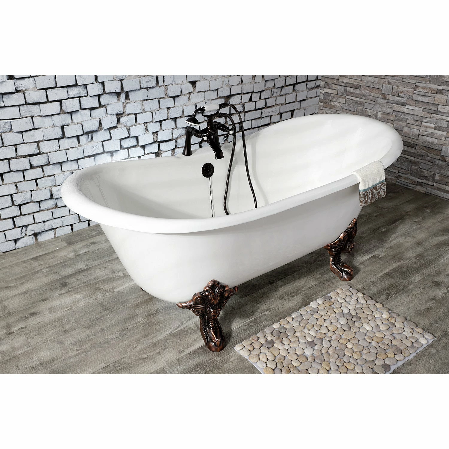 Aqua Eden VCT7DS6731NL5 67-Inch Cast Iron Double Slipper Clawfoot Tub With 7-Inch Faucet Drillings, White/Oil Rubbed Bronze - Image 4