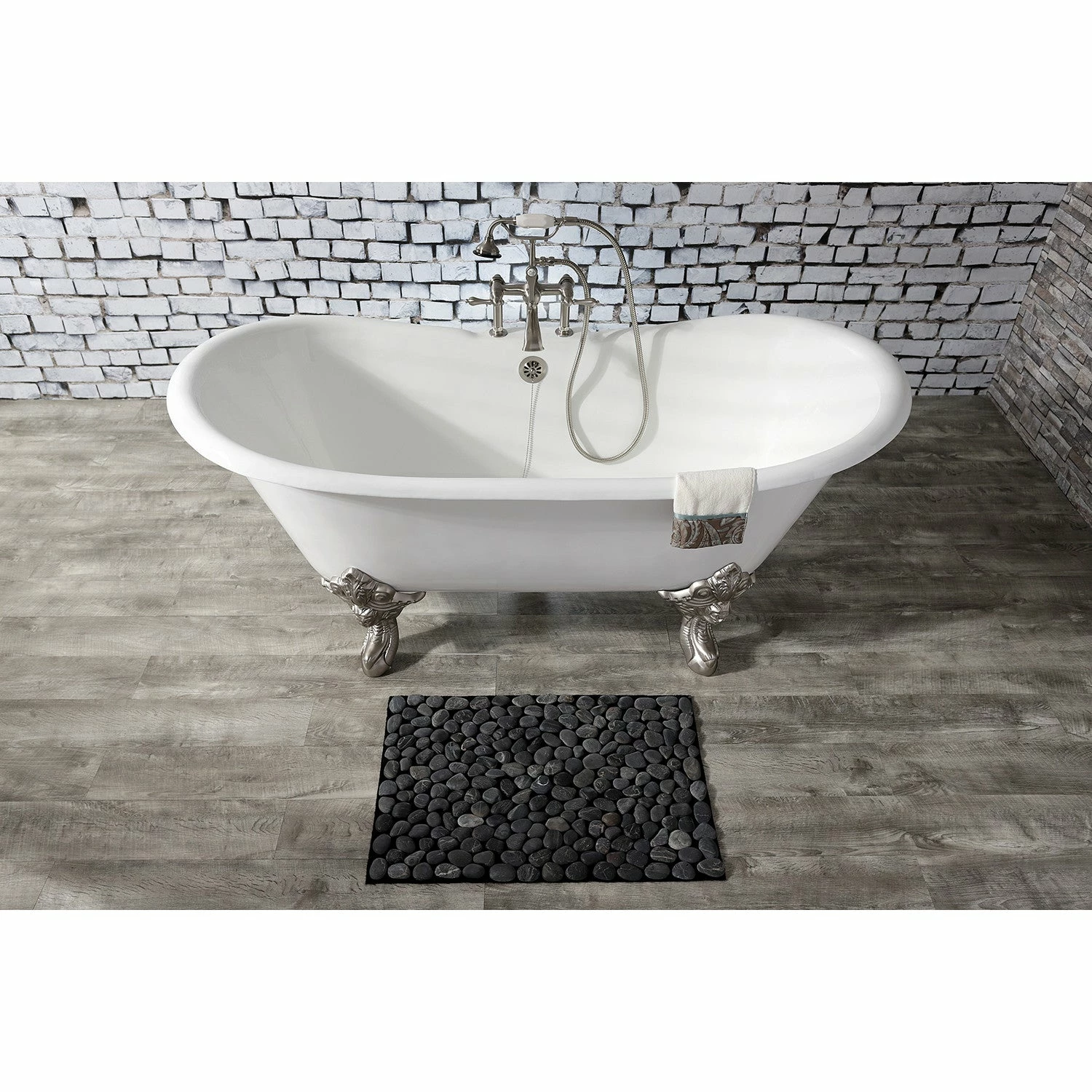 Aqua Eden VCT7DS6731NL8 67-Inch Cast Iron Double Slipper Clawfoot Tub With 7-Inch Faucet Drillings, White/Brushed Nickel