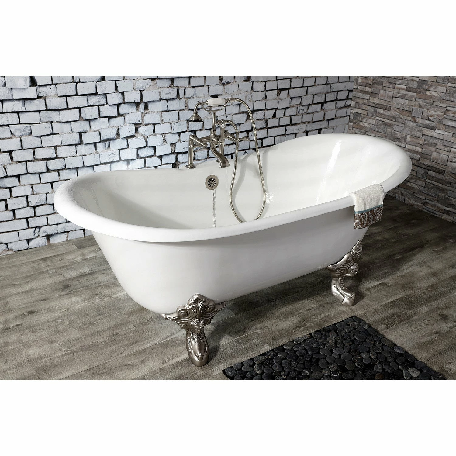 Aqua Eden VCT7DS6731NL8 67-Inch Cast Iron Double Slipper Clawfoot Tub With 7-Inch Faucet Drillings, White/Brushed Nickel - Image 3