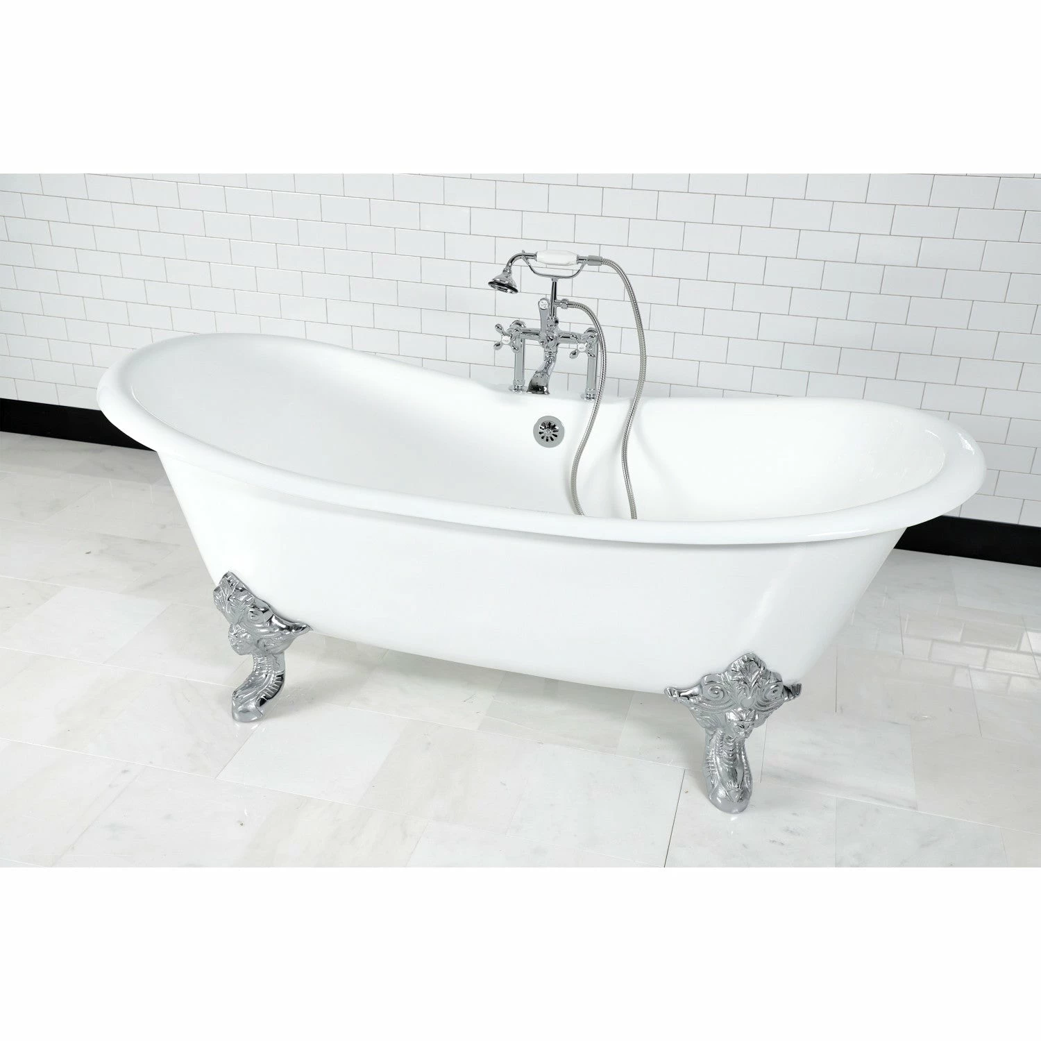 Aqua Eden VCT7DS7231NL1 72-Inch Cast Iron Double Slipper Clawfoot Tub With 7-Inch Faucet Drillings, White/Polished Chrome