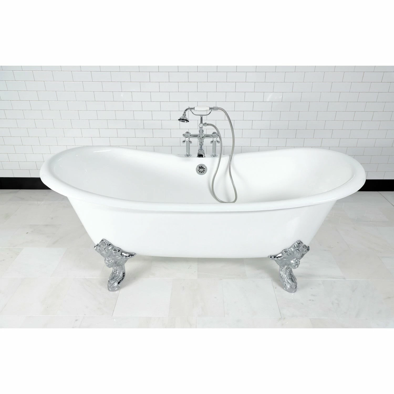 Aqua Eden VCT7DS7231NL1 72-Inch Cast Iron Double Slipper Clawfoot Tub With 7-Inch Faucet Drillings, White/Polished Chrome - Image 2