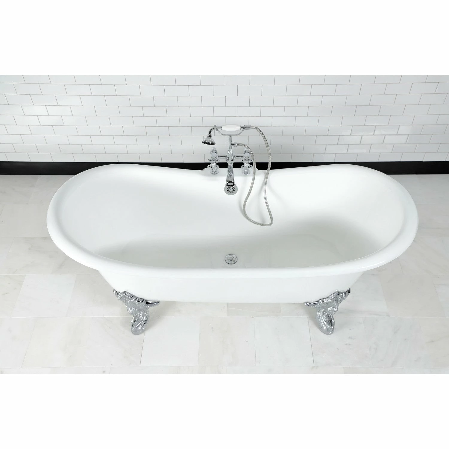 Aqua Eden VCT7DS7231NL1 72-Inch Cast Iron Double Slipper Clawfoot Tub With 7-Inch Faucet Drillings, White/Polished Chrome - Image 3