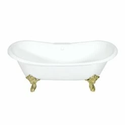 Aqua Eden VCT7DS7231NL2 72-Inch Cast Iron Double Slipper Clawfoot Tub With 7-Inch Faucet Drillings, White/Polished Brass