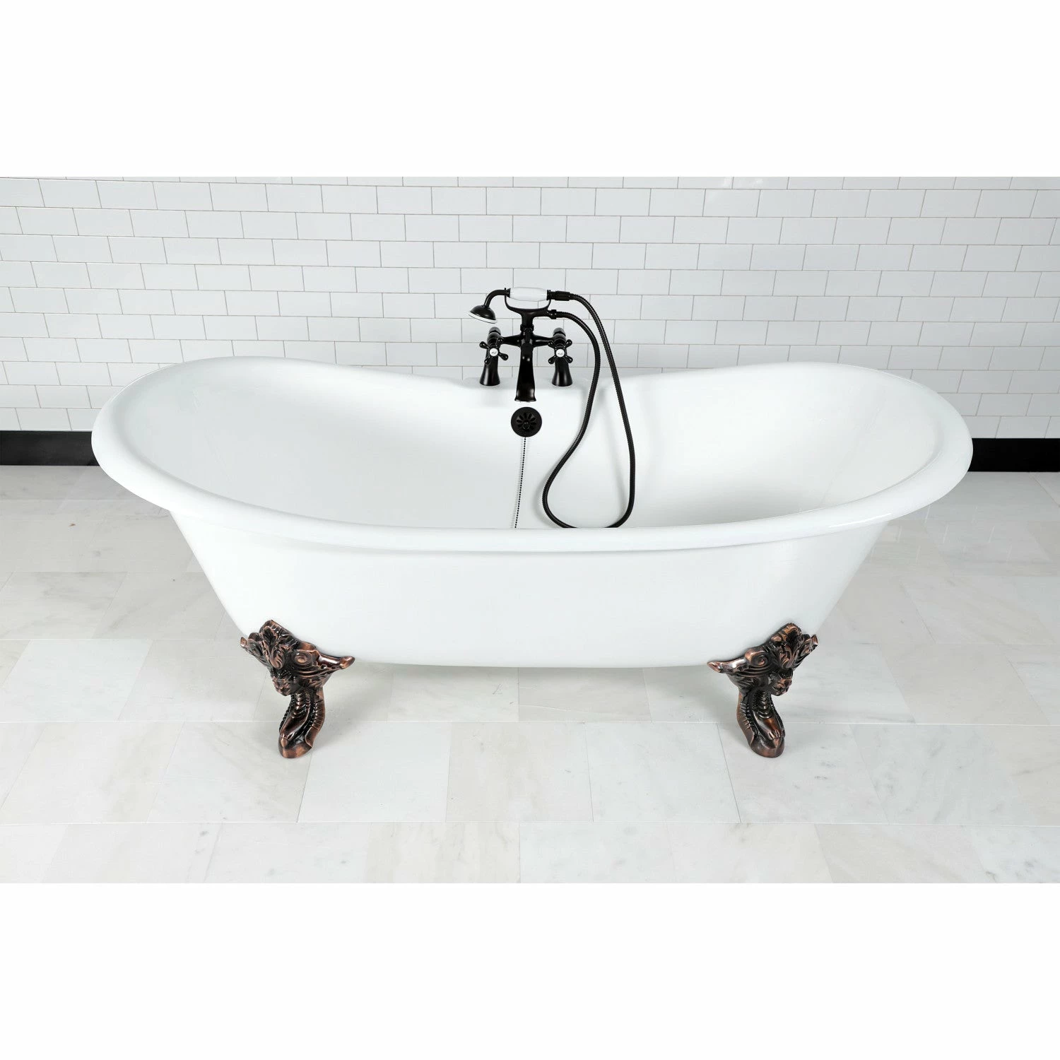 Aqua Eden VCT7DS7231NL5 72-Inch Cast Iron Double Slipper Clawfoot Tub With 7-Inch Faucet Drillings, White/Oil Rubbed Bronze