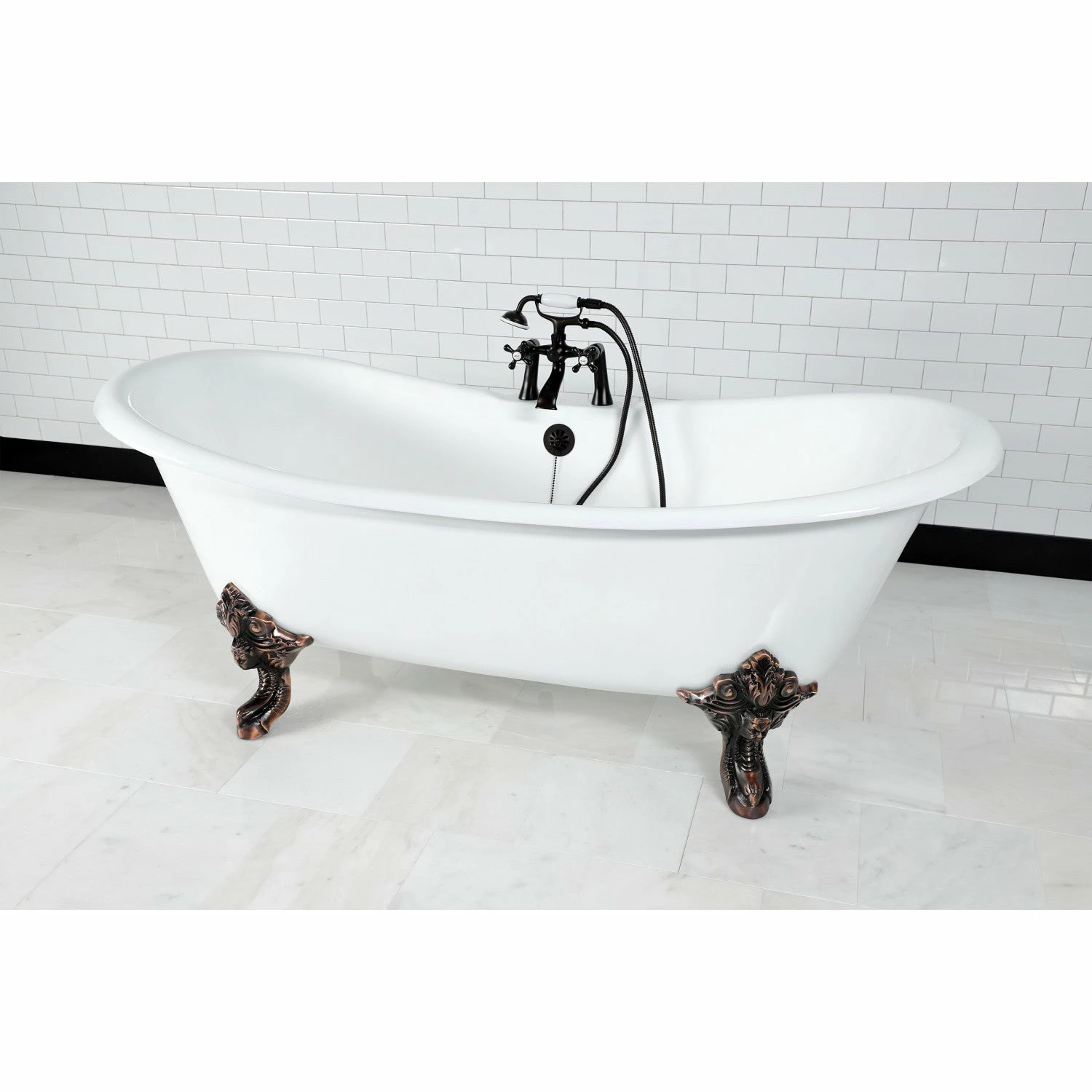 Aqua Eden VCT7DS7231NL5 72-Inch Cast Iron Double Slipper Clawfoot Tub With 7-Inch Faucet Drillings, White/Oil Rubbed Bronze - Image 2