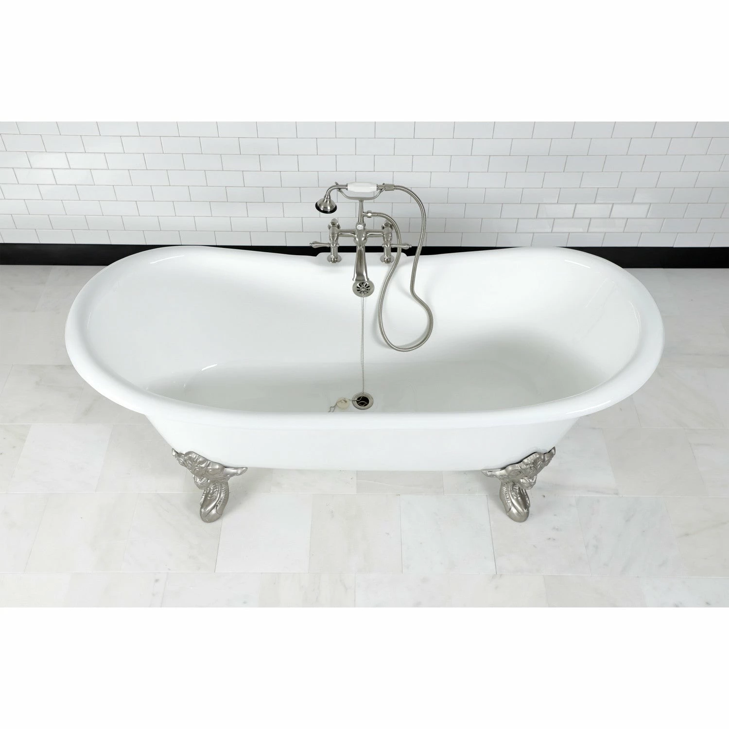 Aqua Eden VCT7DS7231NL8 72-Inch Cast Iron Double Slipper Clawfoot Tub With 7-Inch Faucet Drillings, White/Brushed Nickel