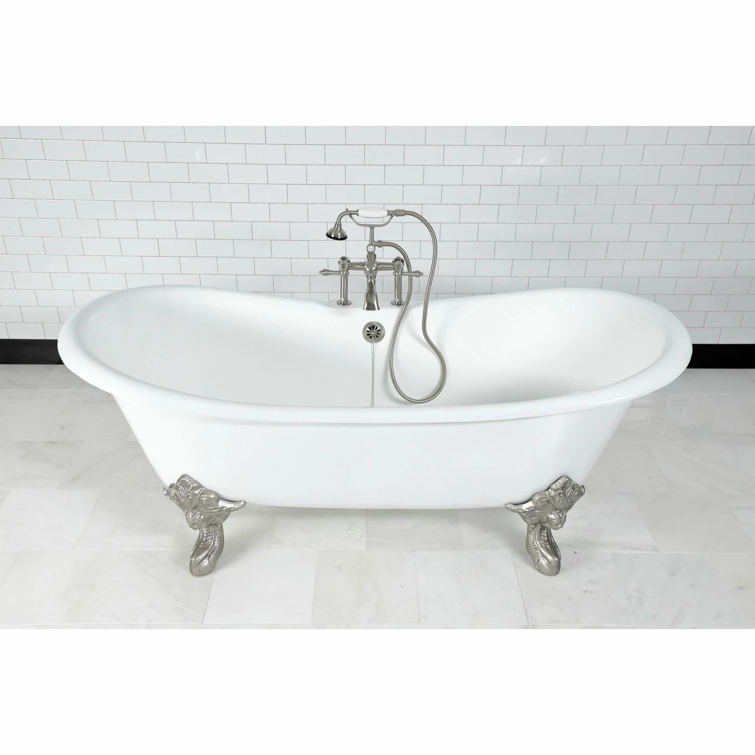 Aqua Eden VCT7DS7231NL8 72-Inch Cast Iron Double Slipper Clawfoot Tub With 7-Inch Faucet Drillings, White/Brushed Nickel - Image 2