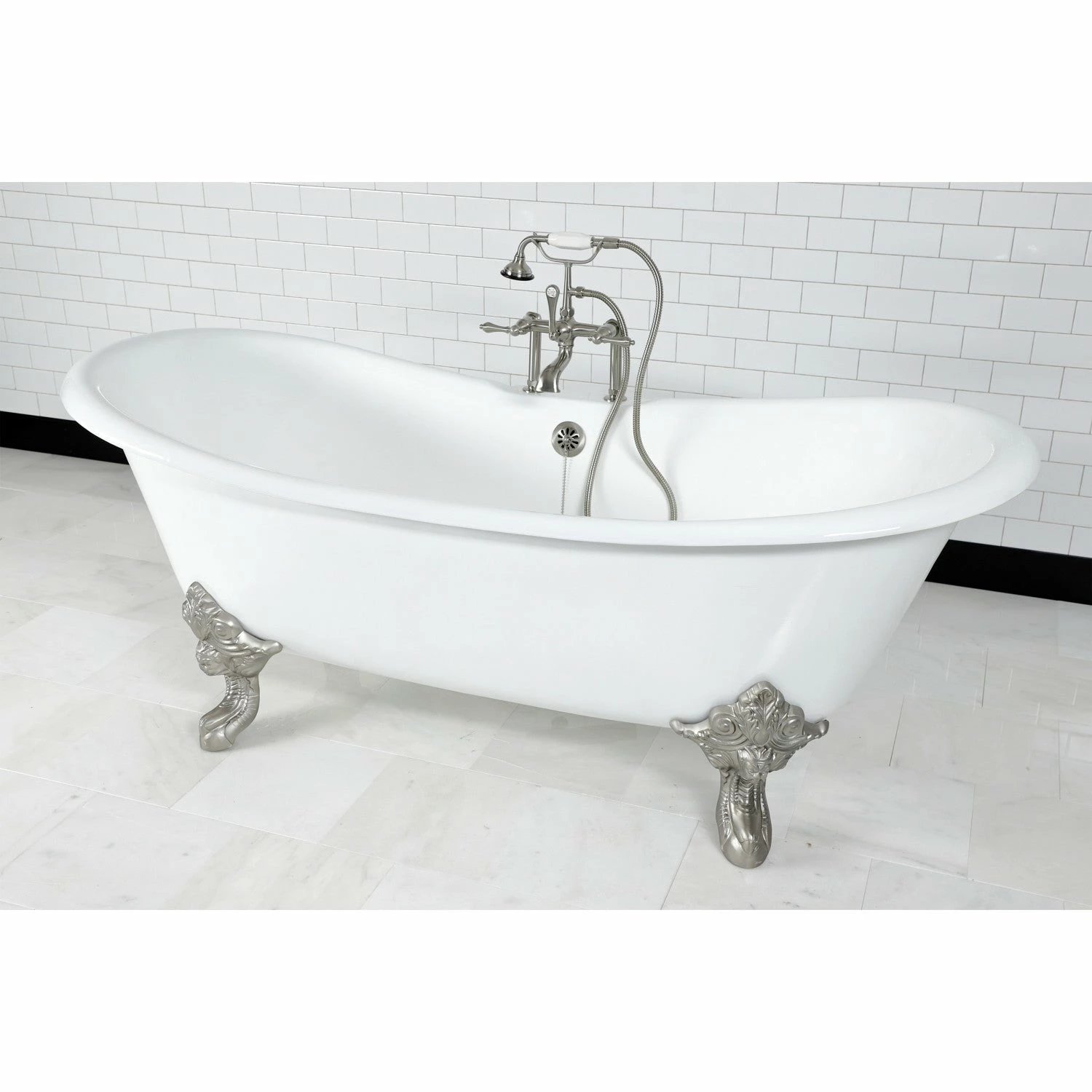 Aqua Eden VCT7DS7231NL8 72-Inch Cast Iron Double Slipper Clawfoot Tub With 7-Inch Faucet Drillings, White/Brushed Nickel - Image 3