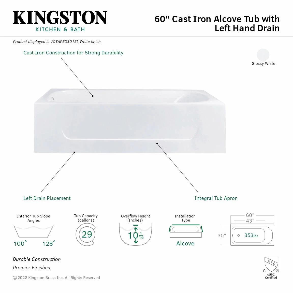 Aqua Eden VCTAP603015L 60-Inch Cast Iron Alcove Tub With Left Hand Drain Hole, White - Image 3